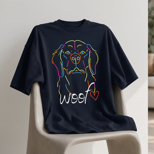 Neon Dog Line Art T-Shirt | "Woof" Dog Lover Streetwear Shirt | Oversized Unisex Terry Tee