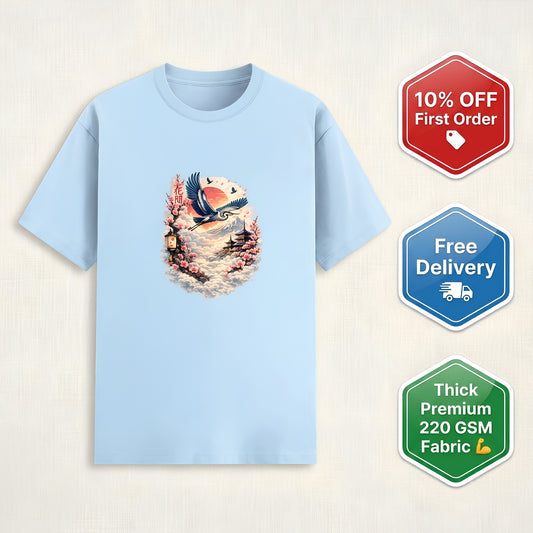Japanese Crane Sakura T-Shirt | Cherry Blossom Mount Fuji Graphic Tee | Aesthetic Bird Art Unisex Stretch Top