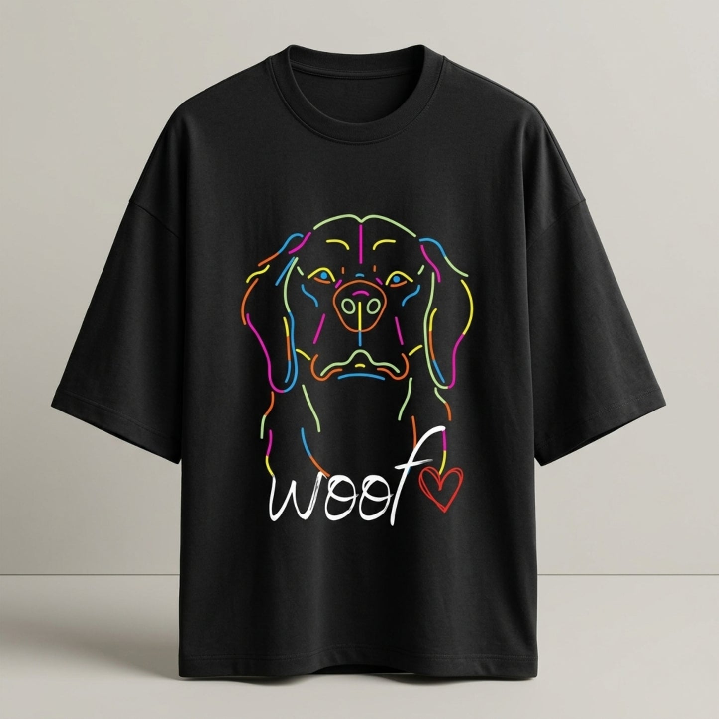 Neon Dog Line Art T-Shirt | "Woof" Dog Lover Streetwear Shirt | Oversized Unisex Terry Tee