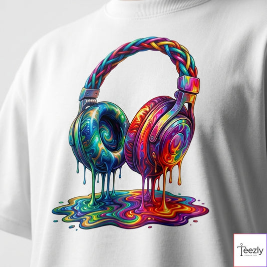 Colorful Melting Headphones Oversized T-Shirt, Music Lover Tee, Psychedelic Headphones Shirt for Men & Women