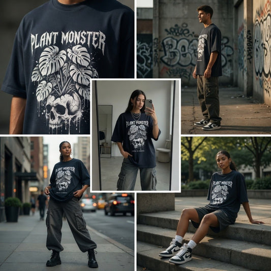 Unisex Oversized Monster T-Shirt | Gothic Skull Graphic Tee | Dark Aesthetic Streetwear Oversized Shirt