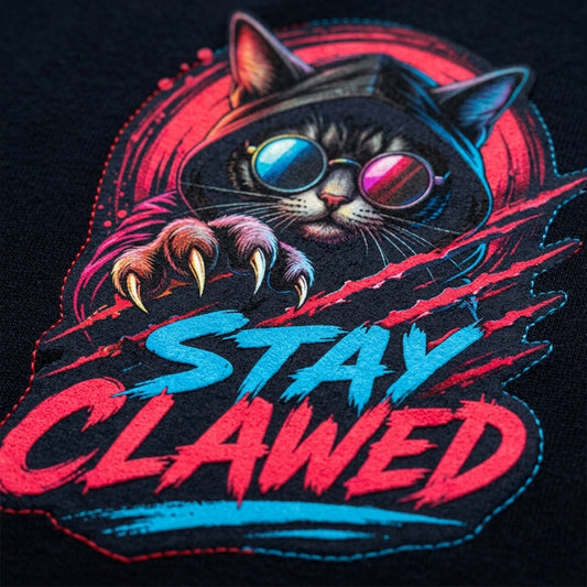 T-shirt design with a cat wearing sunglasses and the text 'Stay Clawed' on a black background.