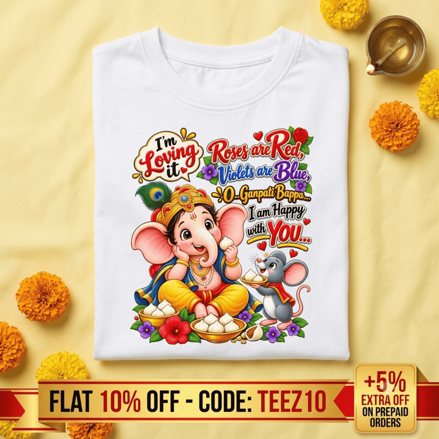 Ganpati Bappa Kids T-Shirt | Cute Ganesha & Mooshak Cotton Tee for Boys India