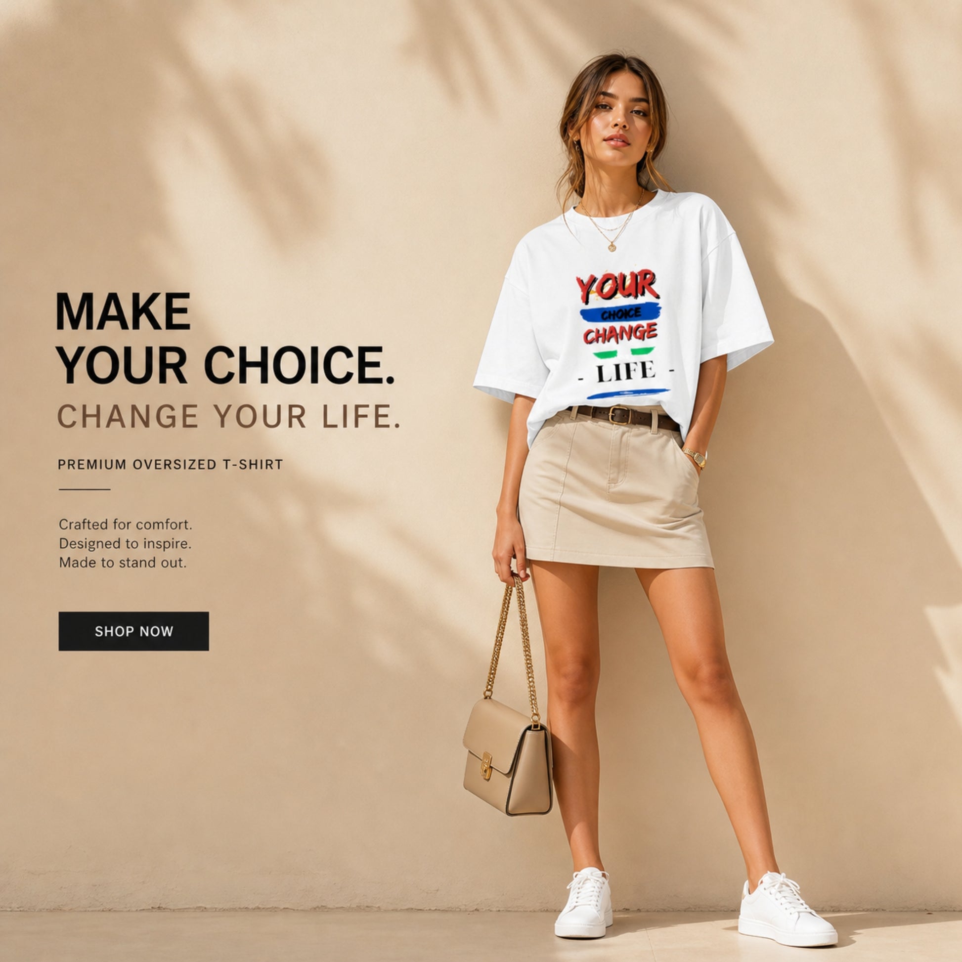 oversized motivational t-shirt featuring the text “Your Choice Change Your Life” on the front.