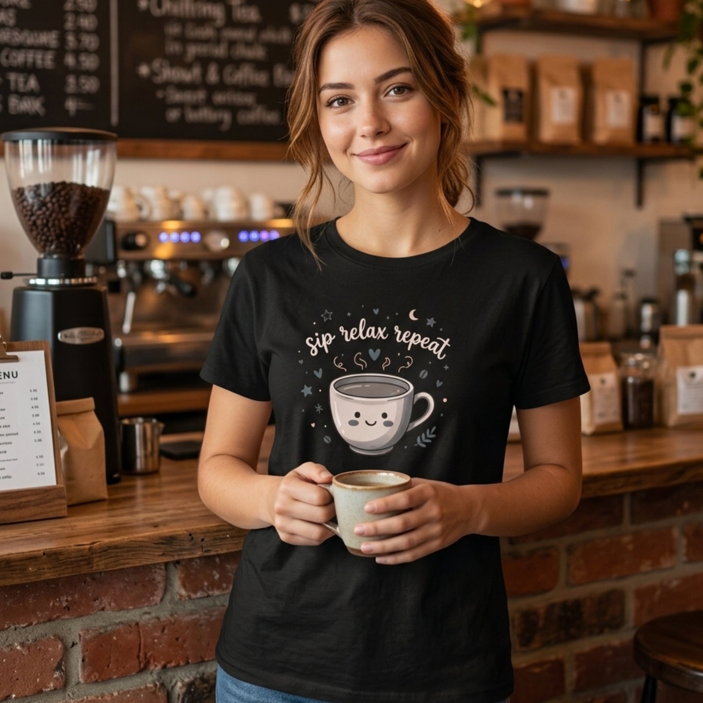 women's crew neck tshirt with printed text'sip relax repeat' and coffee mug 