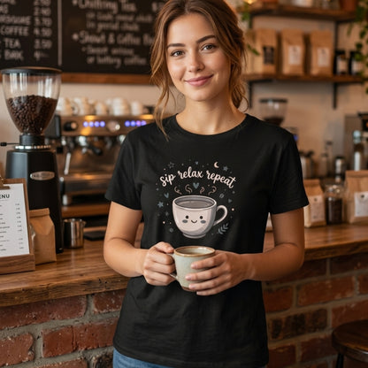 women's crew neck tshirt with printed text'sip relax repeat' and coffee mug 