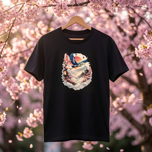 Japanese aesthetic graphic tee featuring a blue crane bird, pink sakura cherry blossoms and traditional Japanese lantern illustration