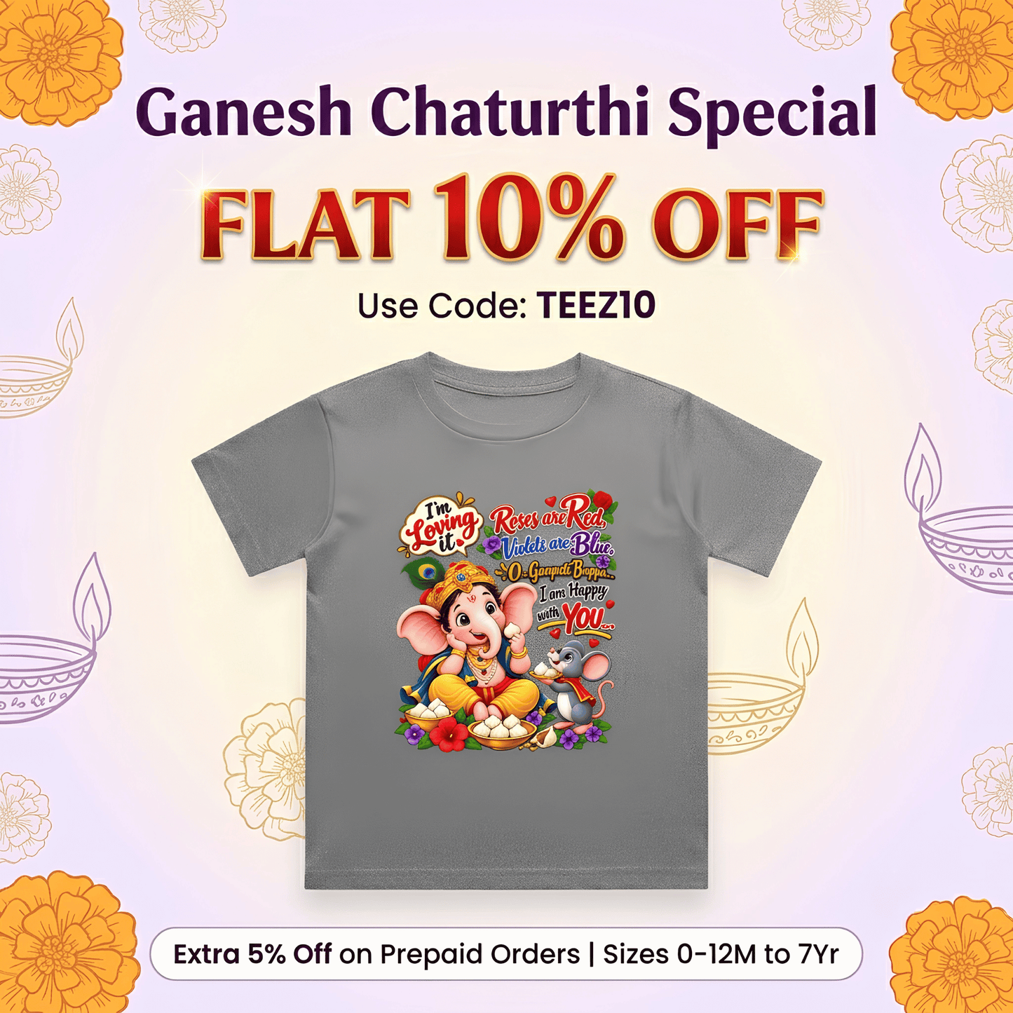 Ganpati Bappa Kids T-Shirt | Cute Ganesha & Mooshak Cotton Tee for Boys India