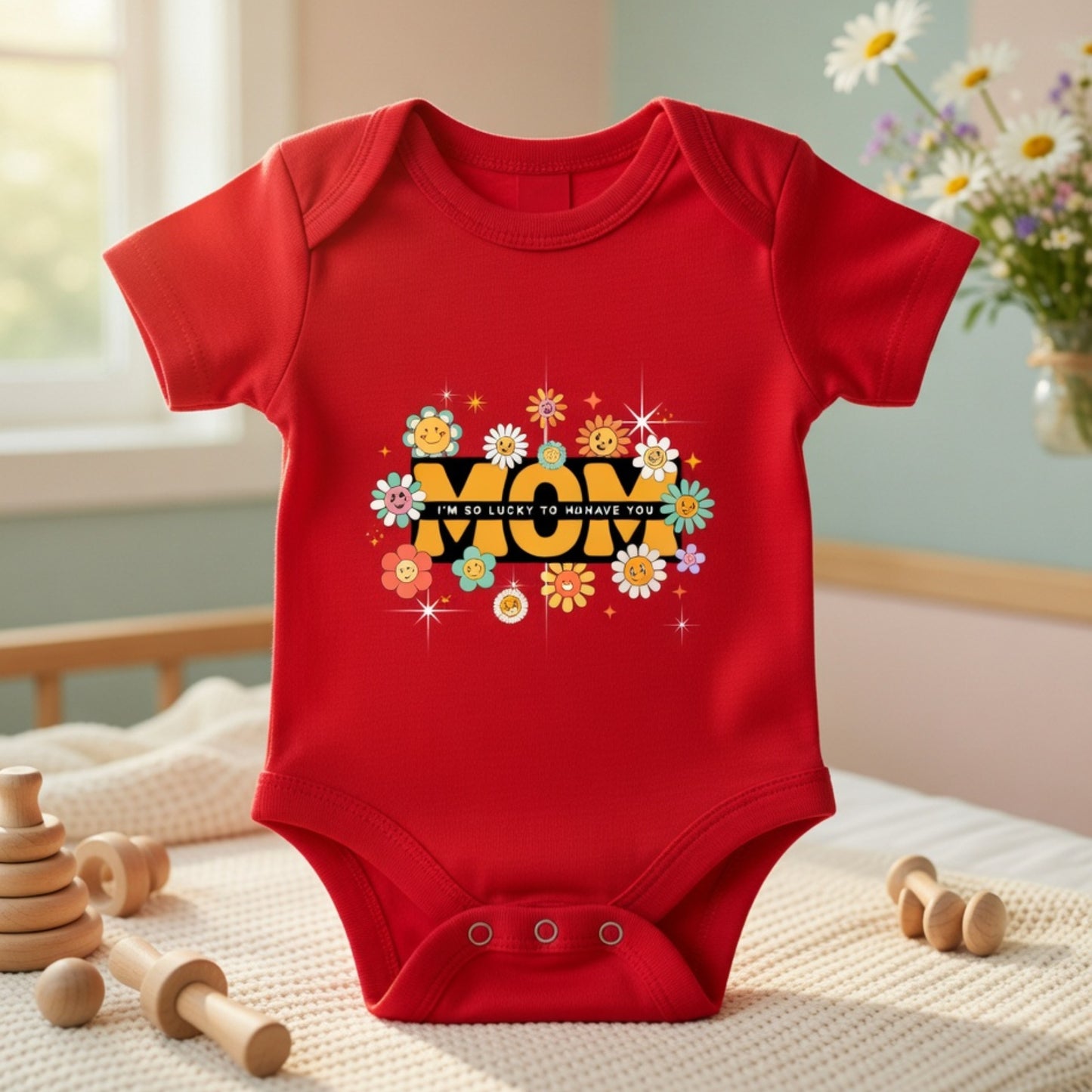 'Cute "Mom"' Floral Baby Romper | Soft Cotton Newborns Graphic tee | Heartwarming "I’m So Lucky to Have You" Design Kids Rompers