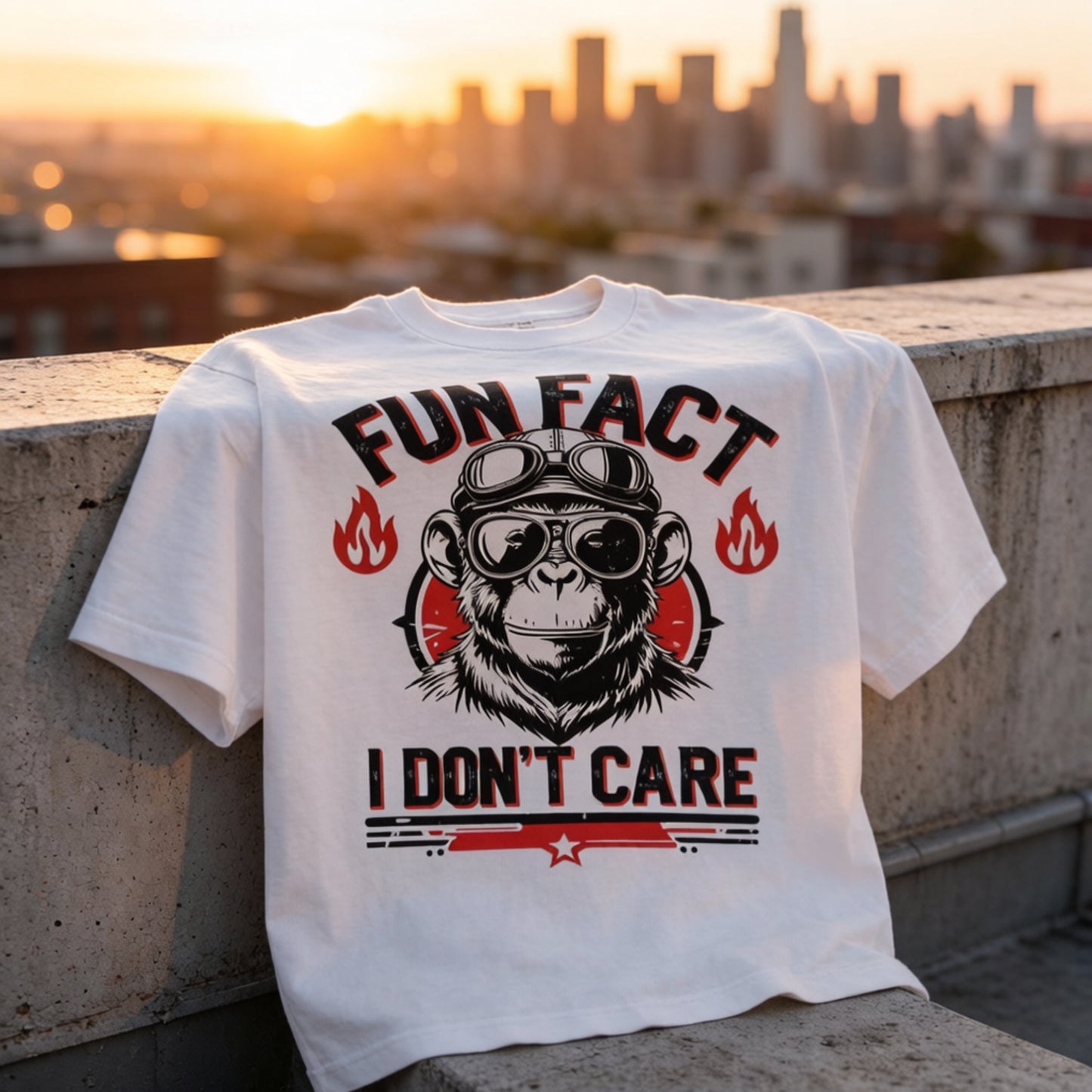 'I Don’t Care' Slogan Tees | Edgy Unisex Oversized 'Fun Fact' Graphic Tee | Monkey with Aviator Goggles & Flames | Unisex Oversized Classic T-Shirt