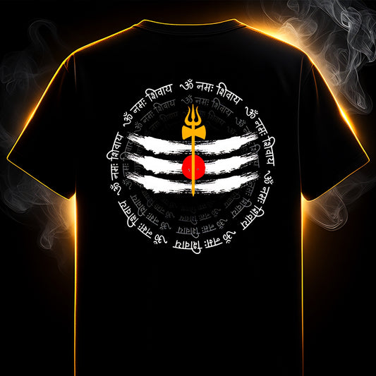 Unisex Black t-shirt with a 'om namah shivay' mantra central design of a hand holding a trident, surrounded by text, against a dark background.