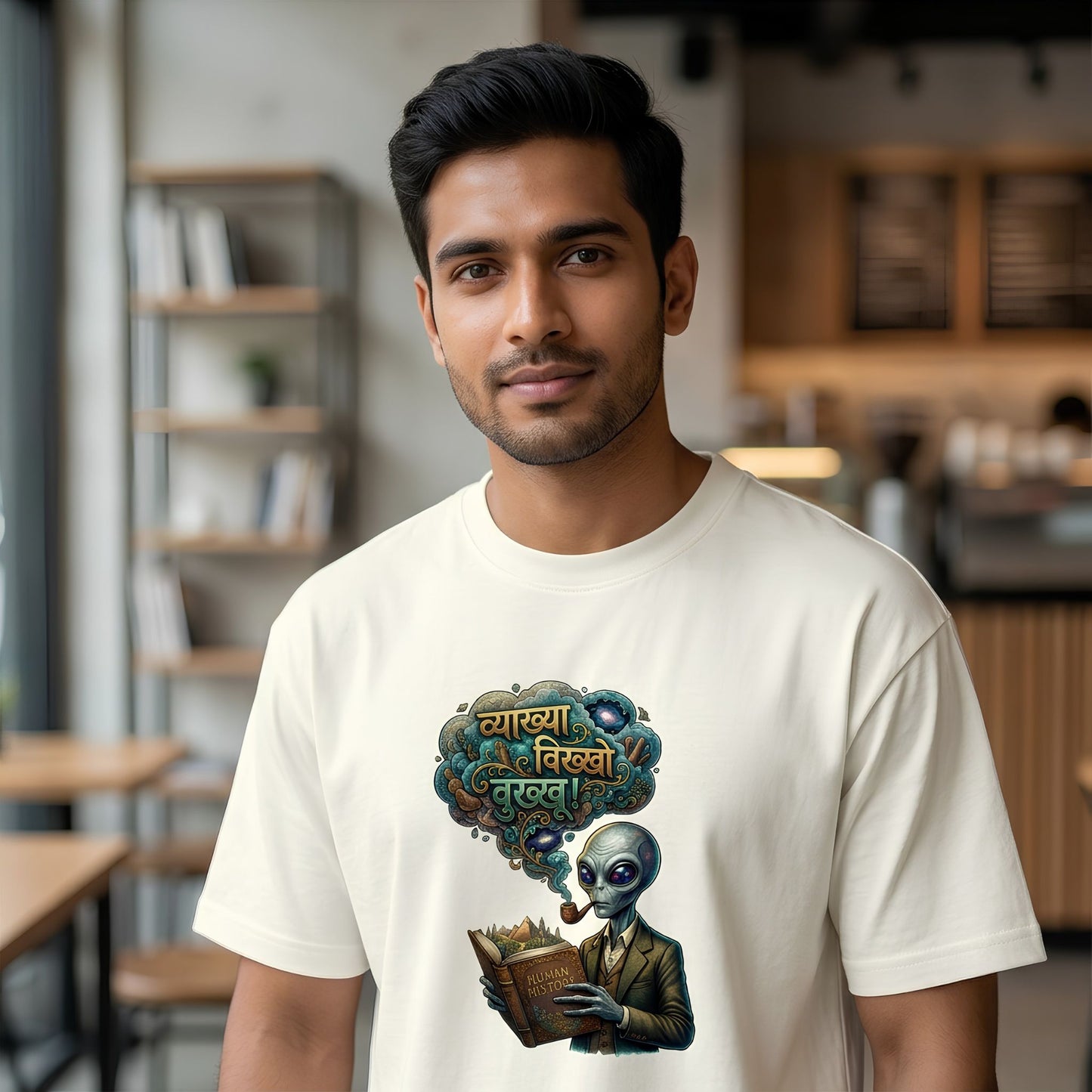 Vyakhhya Vikhho Vukkhu – Funny Marathi Alien Graphic Oversized T-Shirt | Teezly