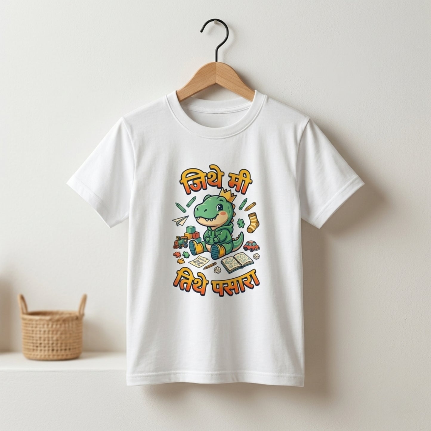 Marathi Funny Kids T-Shirt – Jithe Mi Tithe Pasara | Cute Dinosaur Cotton Tee