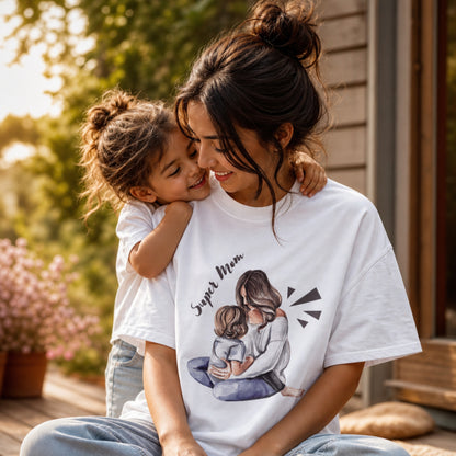 Super Mom T-Shirt for Women, Mother and Child Love Graphic Tee, Cute Mom Gift Shirt