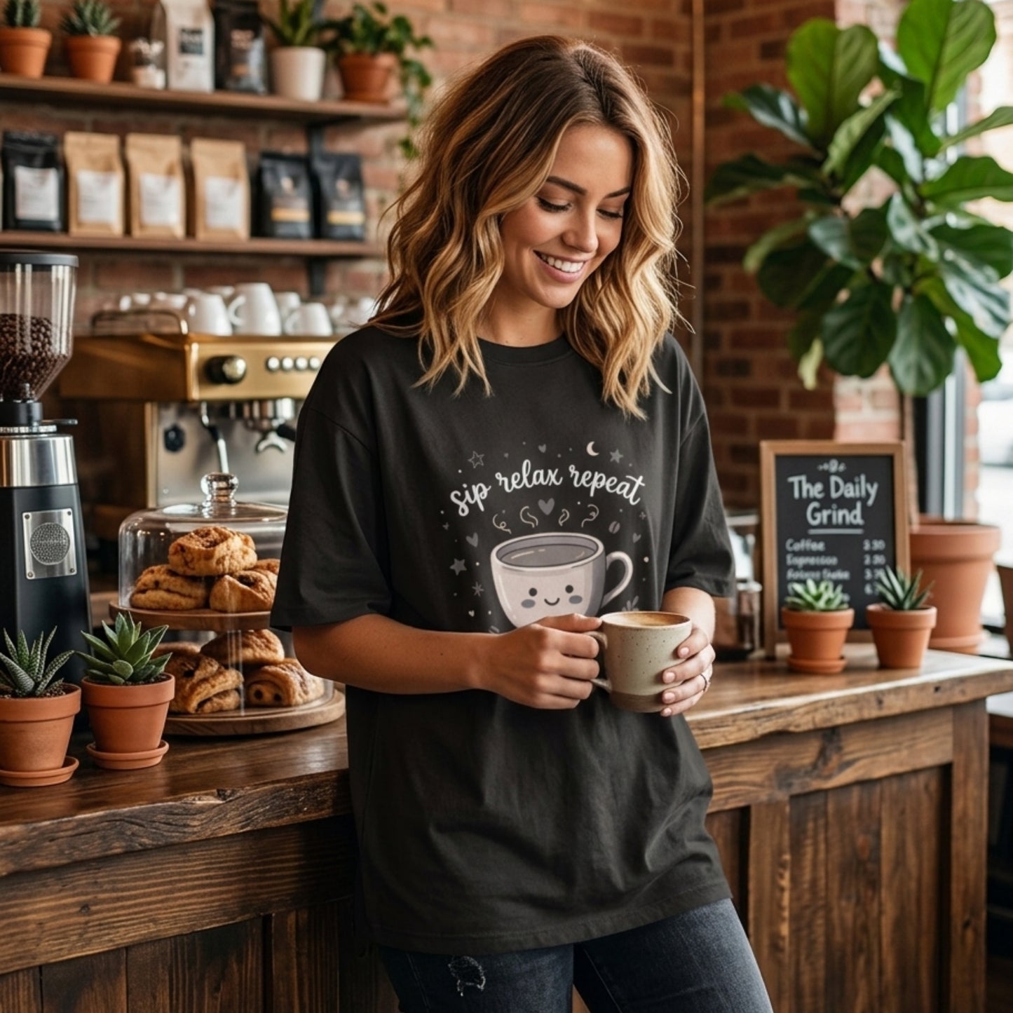 Sip Relax Repeat Oversized T-Shirt for Coffee Lover | Cute Coffee Graphic Tee | Unisex 100% Cotton 180 GSM Casual Streetwear
