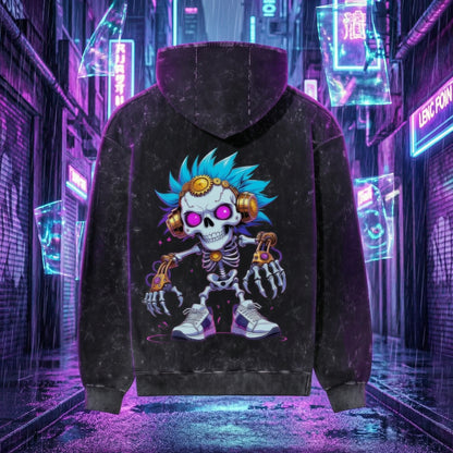 Neon Skull Graphic Hoodie | Cyberpunk Acid Wash Oversized Hoodie by Teezly