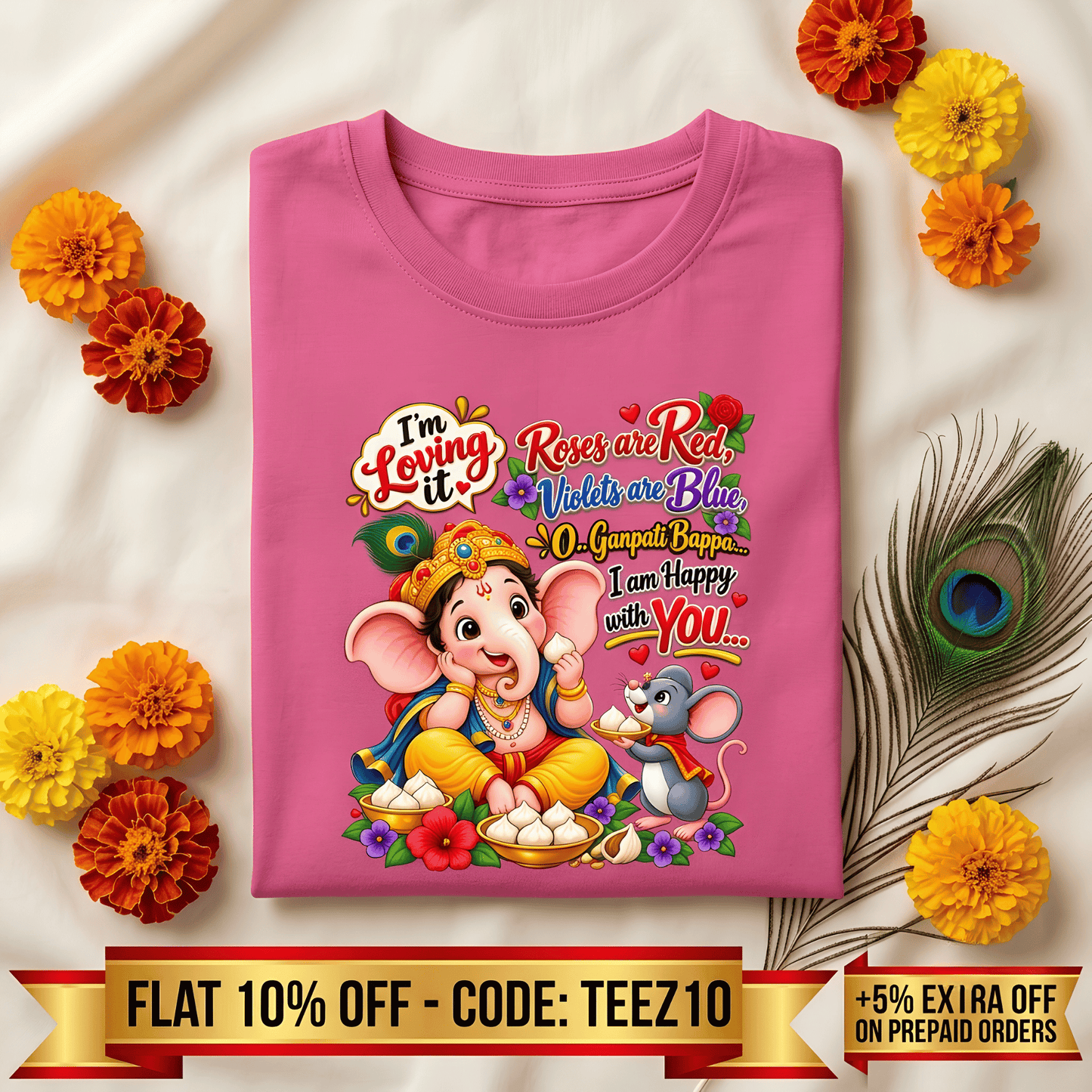 Cute Ganpati Bappa Print Girl's Crew Neck T-Shirt