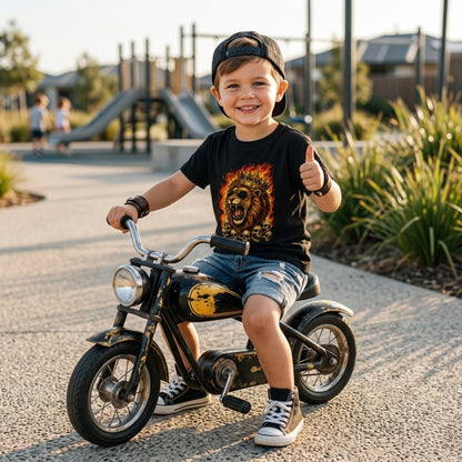 Child on a small motorcycle giving a thumbs-up in an outdoor setting,wearing lion graphics printed black tee