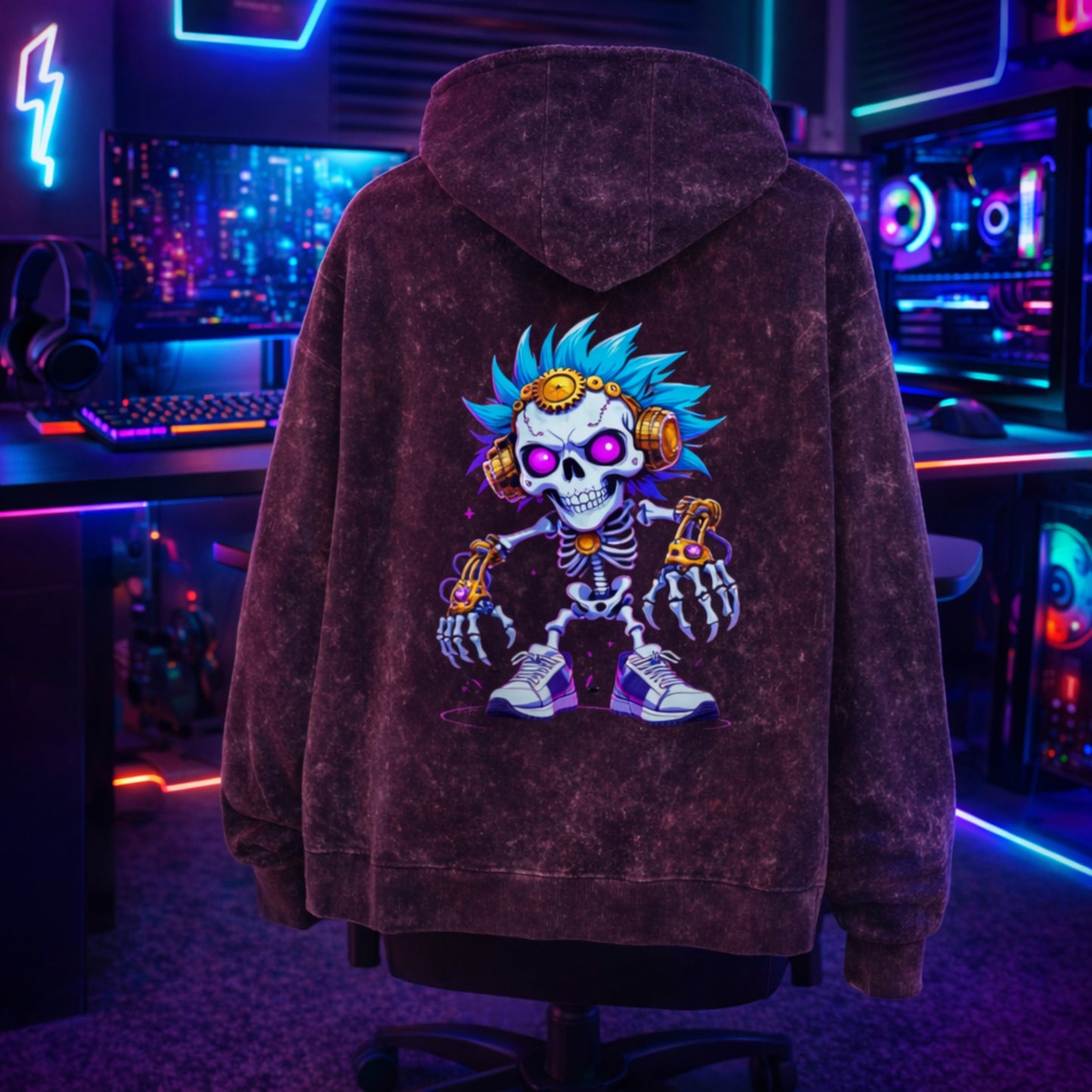 Neon Skull Graphic Hoodie | Cyberpunk Acid Wash Oversized Hoodie by Teezly