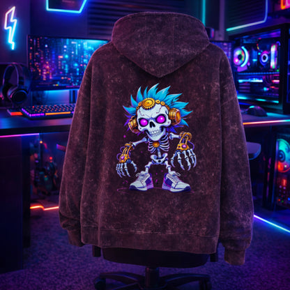 Neon Skull Graphic Hoodie | Cyberpunk Acid Wash Oversized Hoodie by Teezly