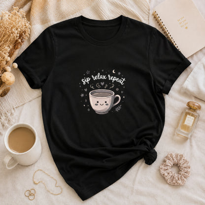 women's crew neck tshirt with printed text 'sip relax repeat' and coffee mug 
