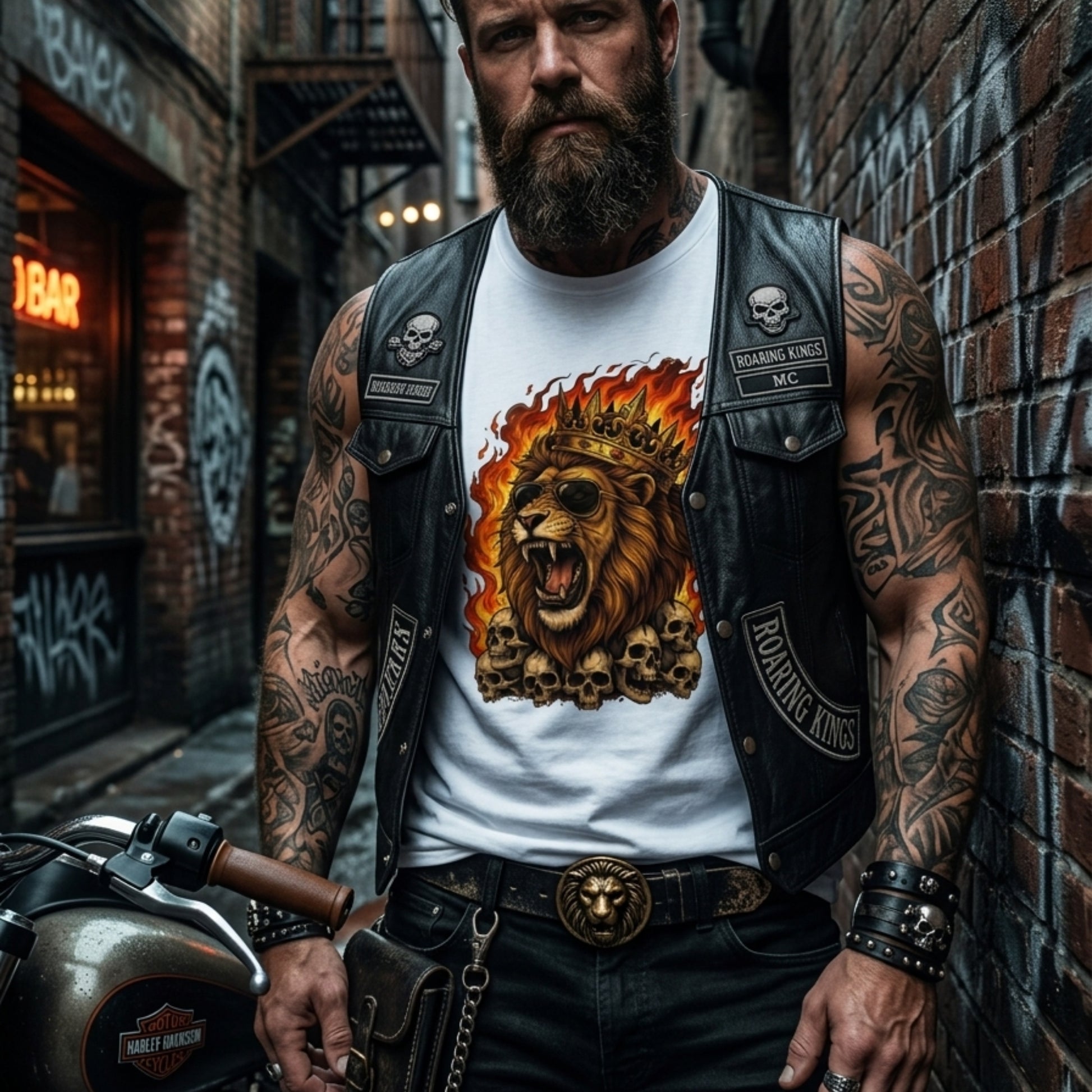 Man with tattoos wearing a leather vest and t-shirt with a lion design, standing against a brick wall.
