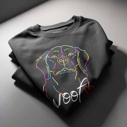 Neon Dog Line Art T-Shirt | "Woof" Dog Lover Streetwear Shirt | Oversized Unisex Terry Tee