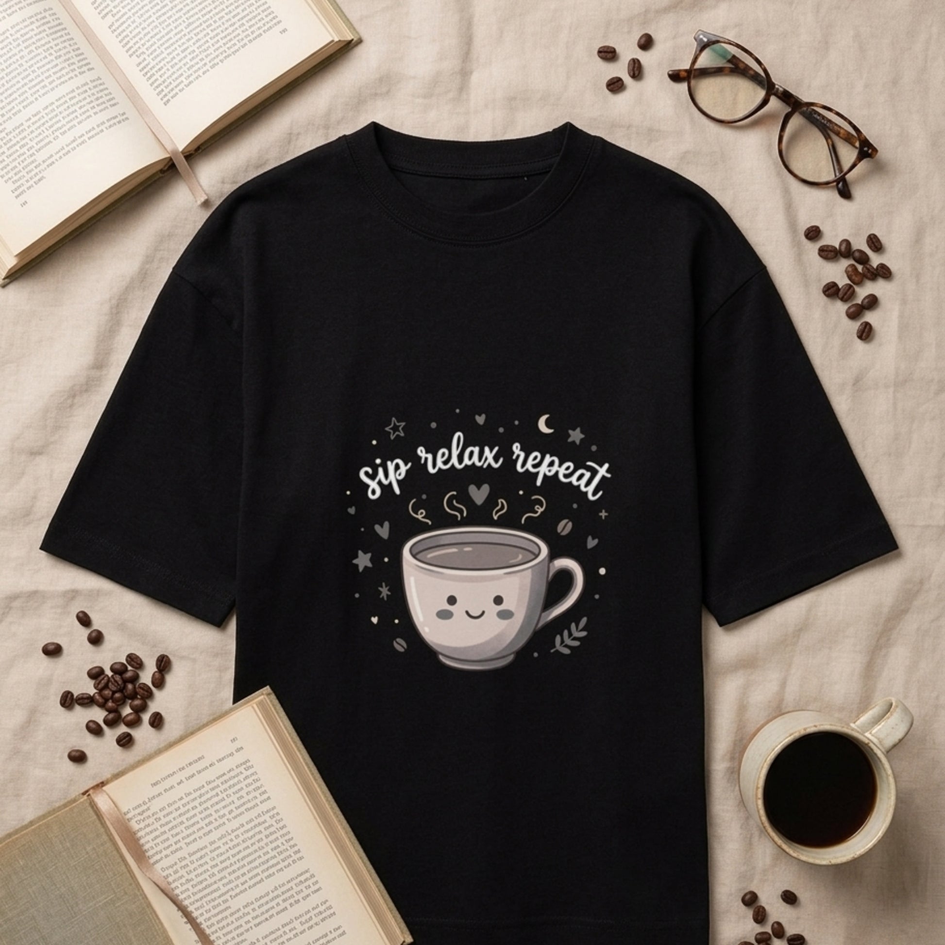 Black Oversize Tshirt with printed text 'sip relax repeat' and coffee mug