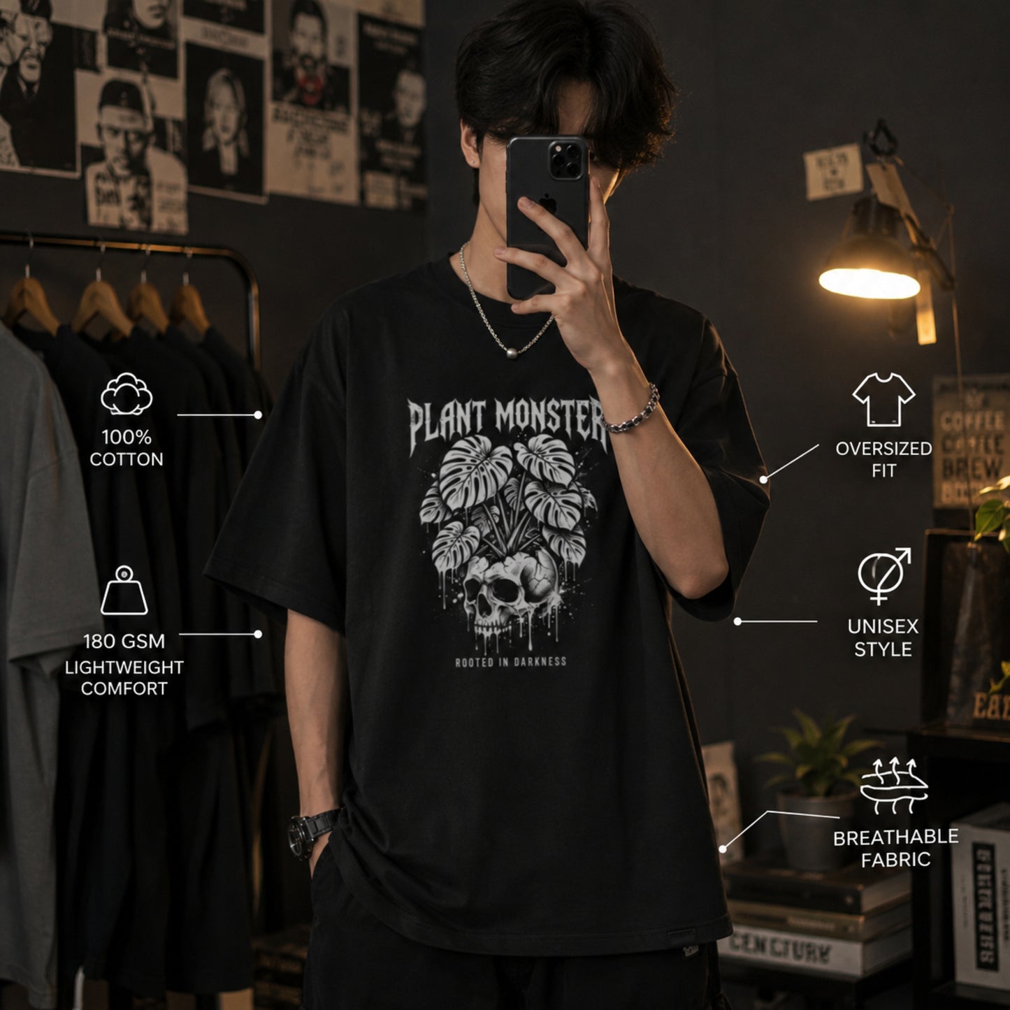 Unisex Oversized Monster T-Shirt | Gothic Skull Graphic Tee | Dark Aesthetic Streetwear Oversized Shirt