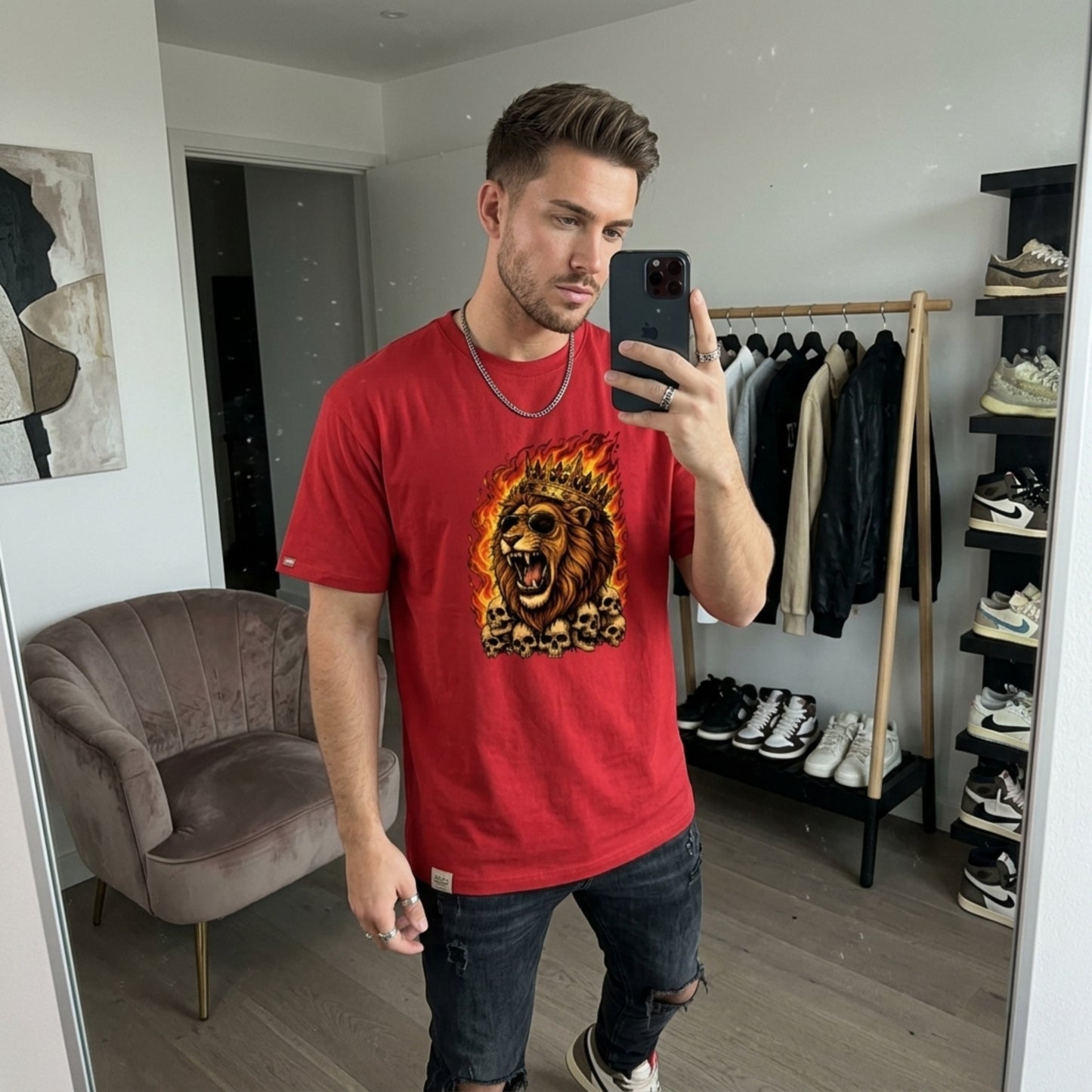 Roaring Lion Graphic T-Shirt | Flaming Skull King Cotton Tee | Streetwear Lion Print Shirt for Men Women