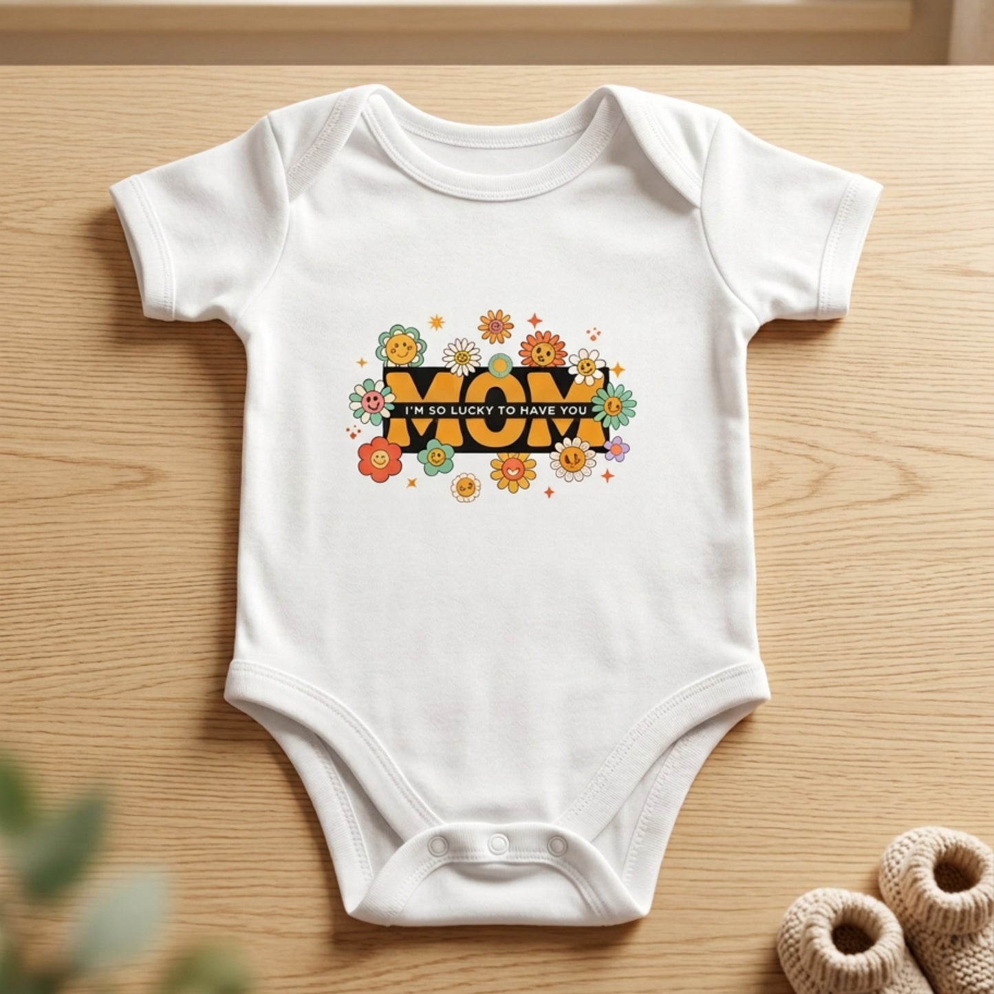'Cute "Mom"' Floral Baby Romper | Soft Cotton Newborns Graphic tee | Heartwarming "I’m So Lucky to Have You" Design Kids Rompers