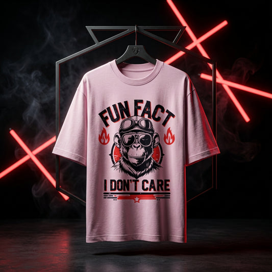 'I Don’t Care' Slogan Tees | Edgy Unisex Oversized 'Fun Fact' Graphic Tee | Monkey with Aviator Goggles & Flames | Unisex Oversized Classic T-Shirt