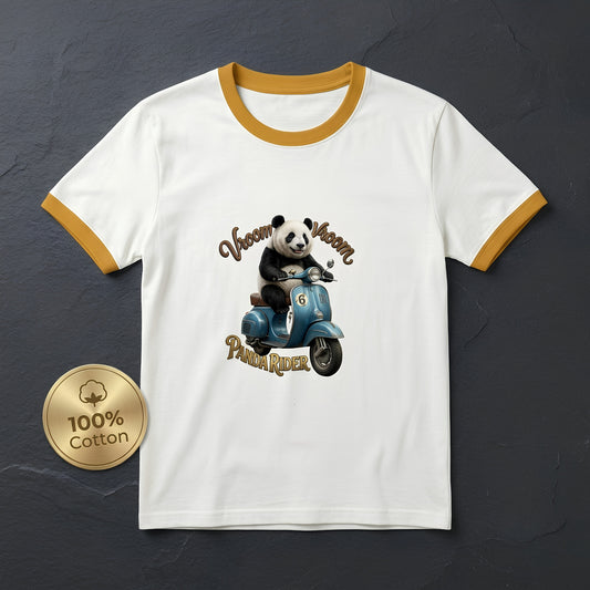 Vroom Vroom Panda Rider Ringer T-Shirt | Funny Scooter Graphic Tee | Scooter Lovers Gift