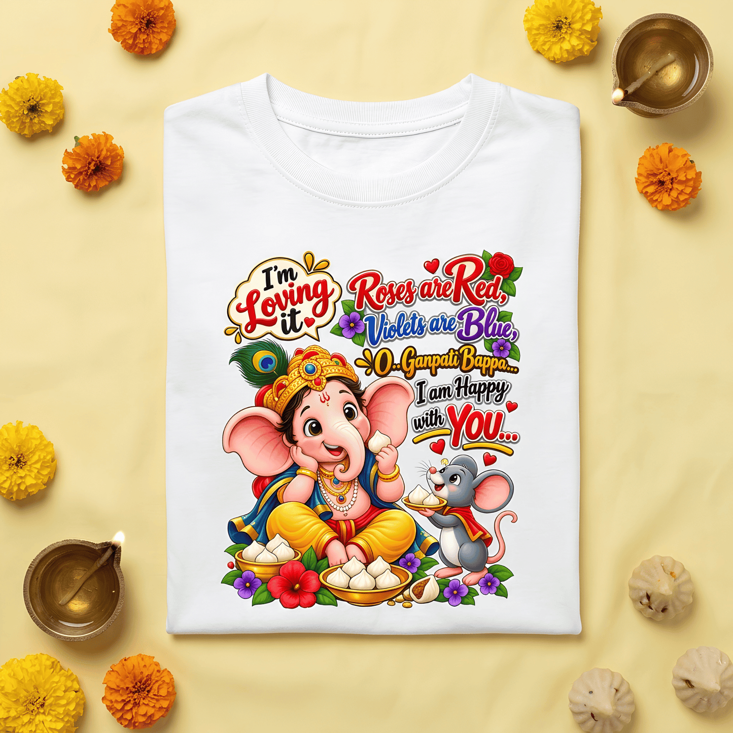 Ganpati Bappa Kids T-Shirt | Cute Ganesha & Mooshak Cotton Tee for Boys India