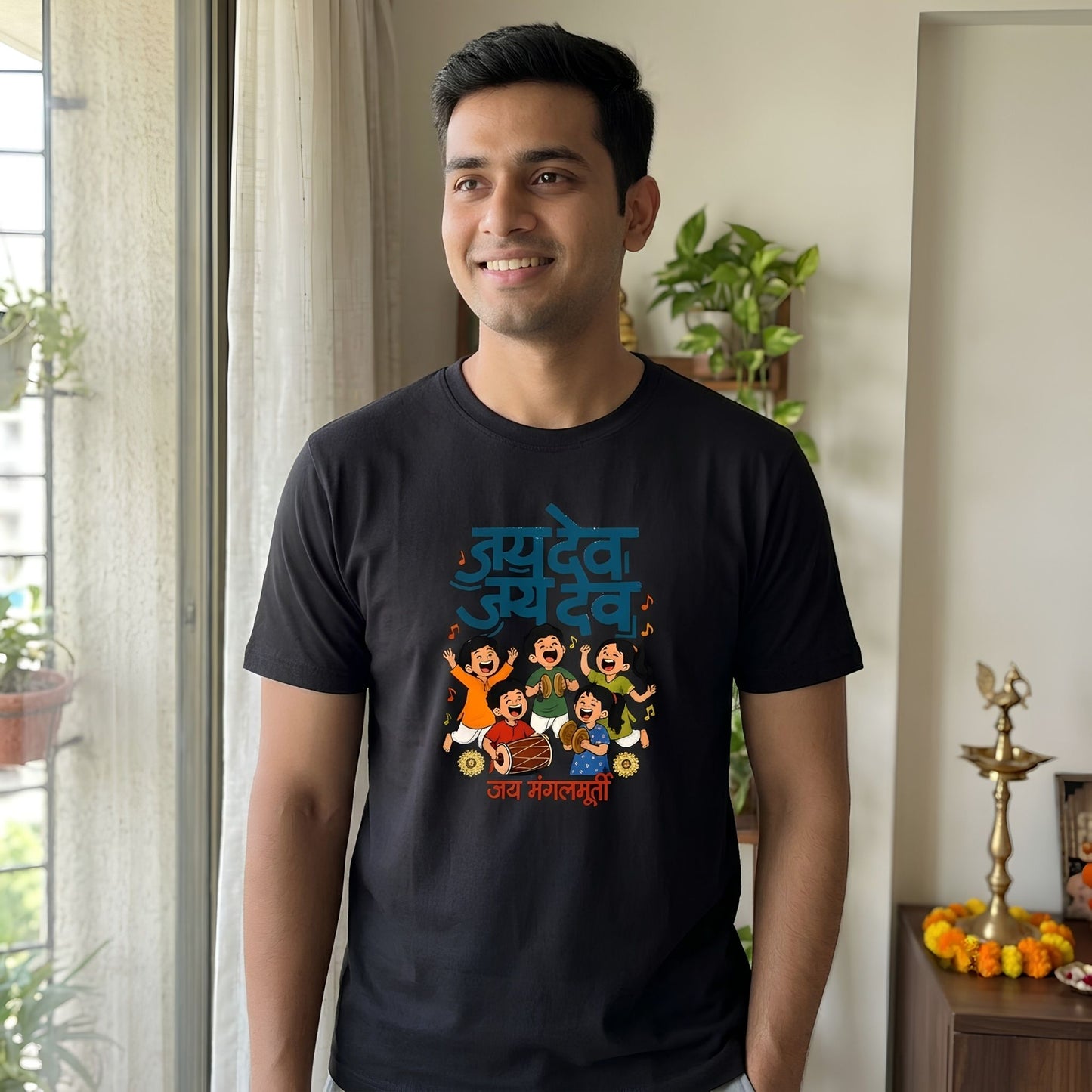 Jai Dev Jai Dev Jai Mangalmurti Ganpati T-Shirt, Marathi Dhol Cymbal Aarti Tee for Ganesh Chaturthi