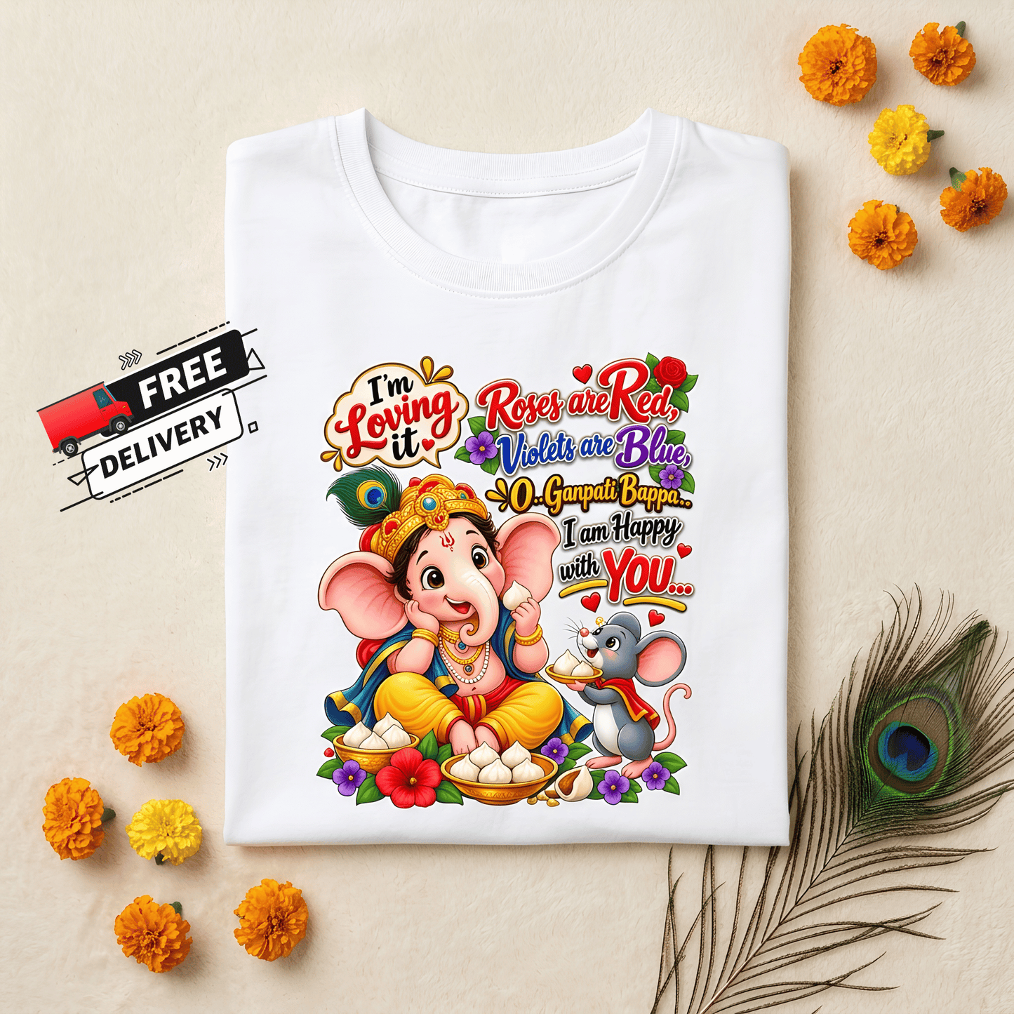 Cute Ganpati Bappa Print Girl's Crew Neck T-Shirt