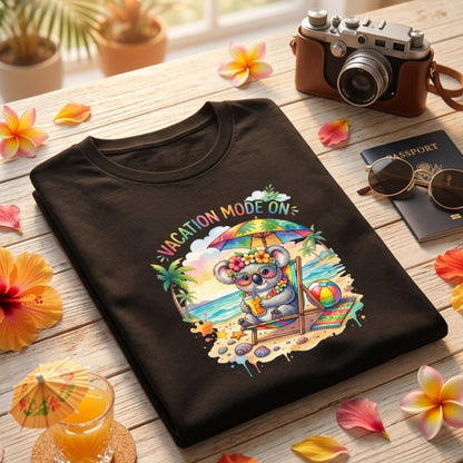 Black t-shirt with a colorful 'Vacation Mode On' design featuring a koala, surrounded by tropical flowers and a camera on a wooden table.