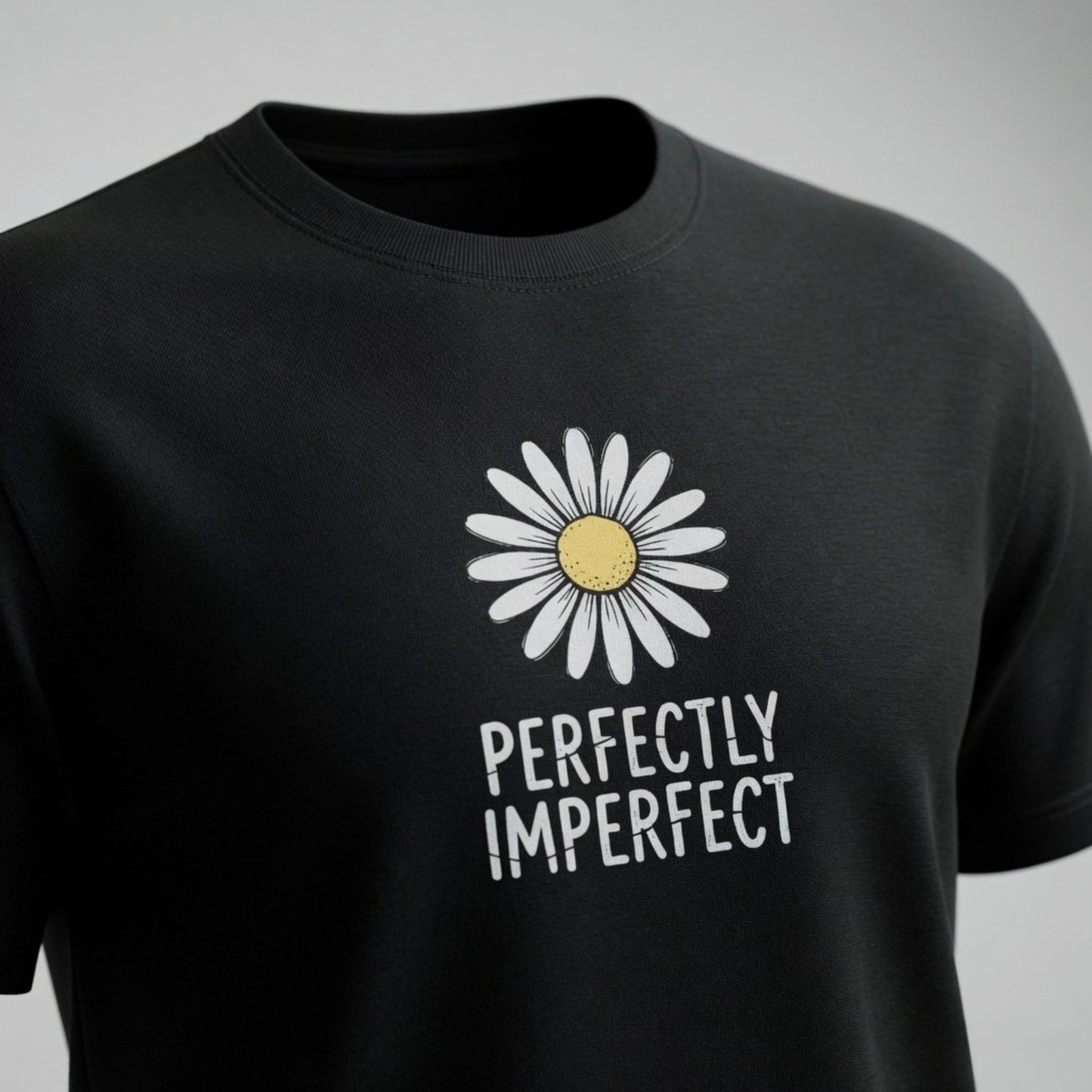 Black t-shirt with a white daisy and 'Perfectly Imperfect' text on a gray background