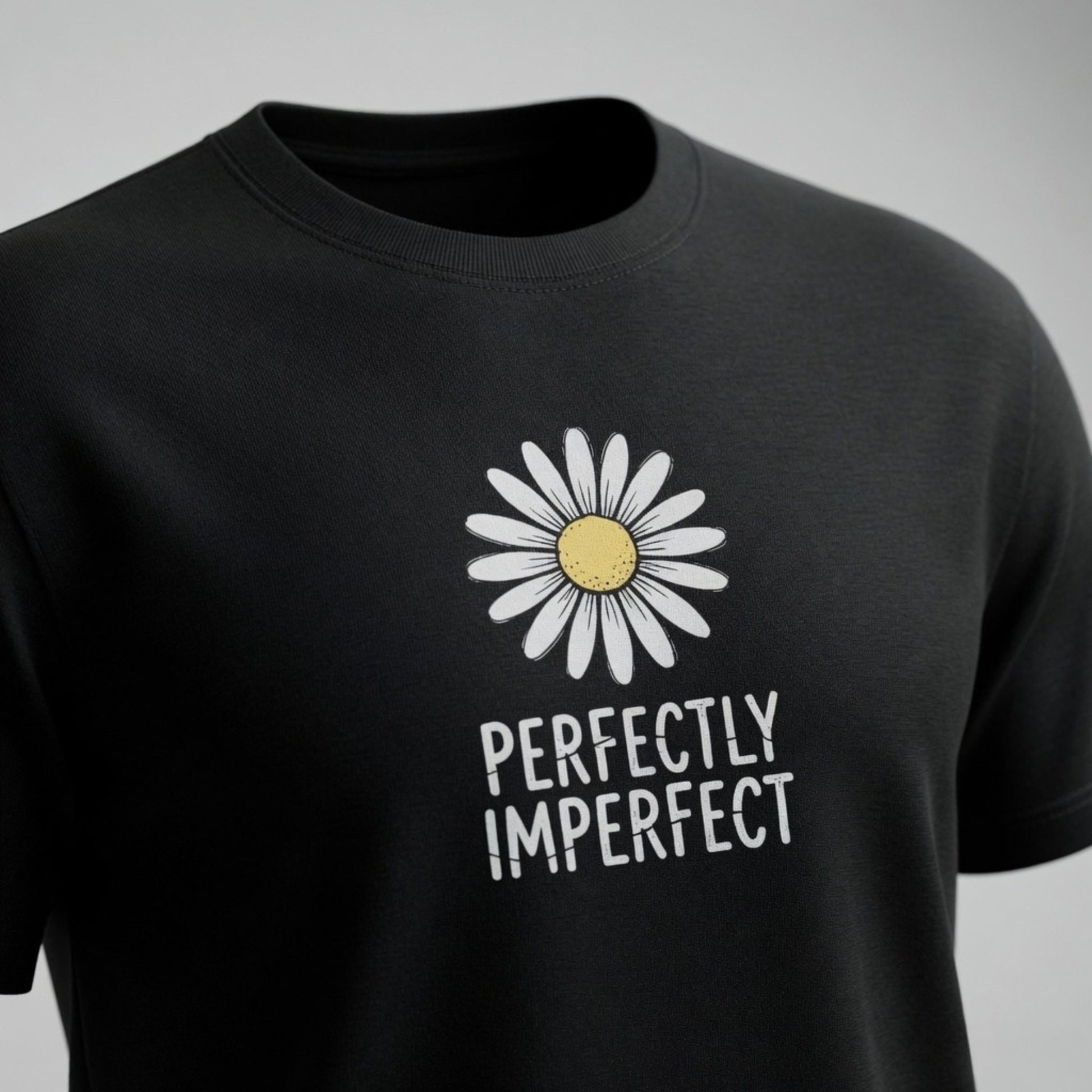 Black t-shirt with a white daisy and 'Perfectly Imperfect' text on a gray background