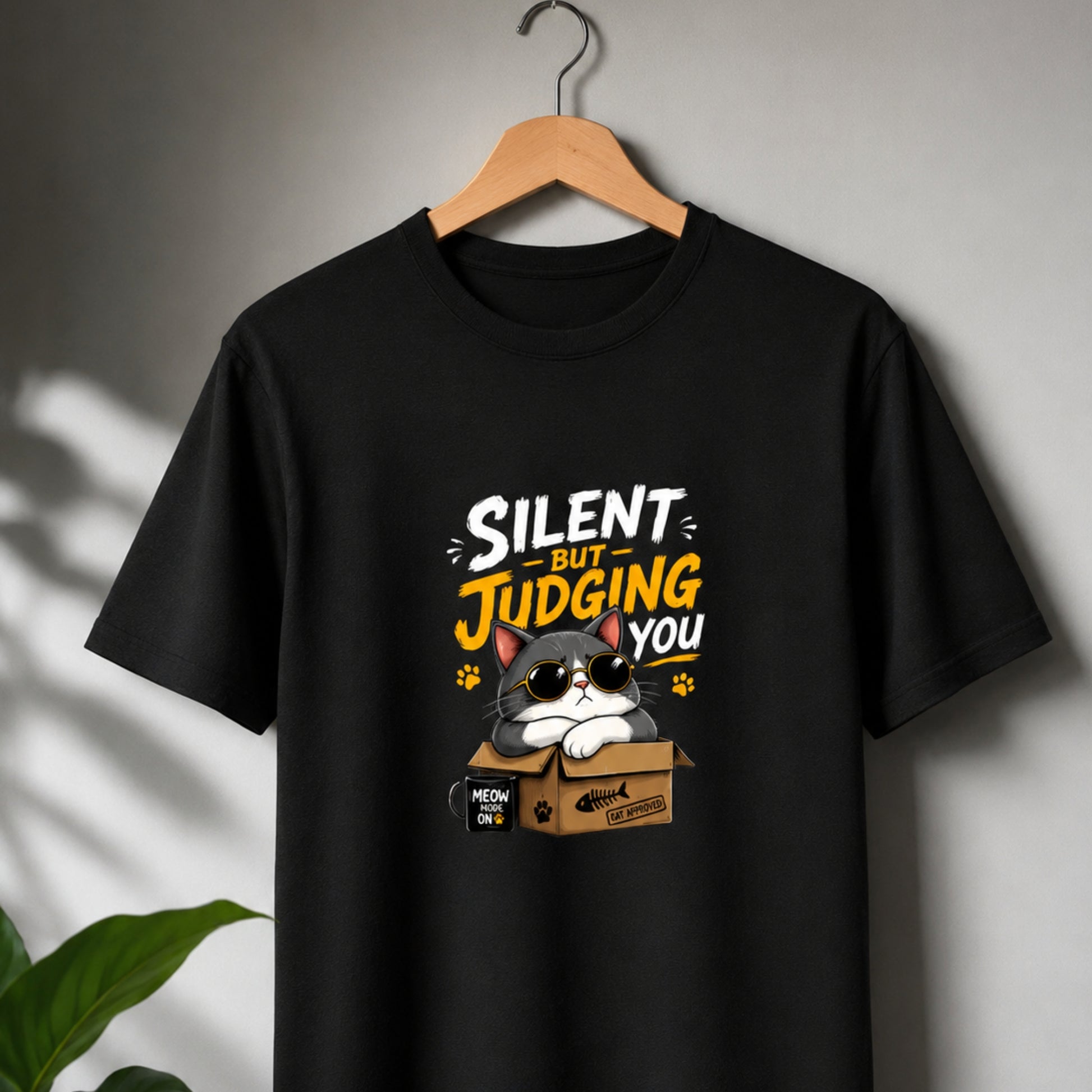 Black t-shirt with a cat graphic and text 'Silent but judging you' on a hanger against a gray background.