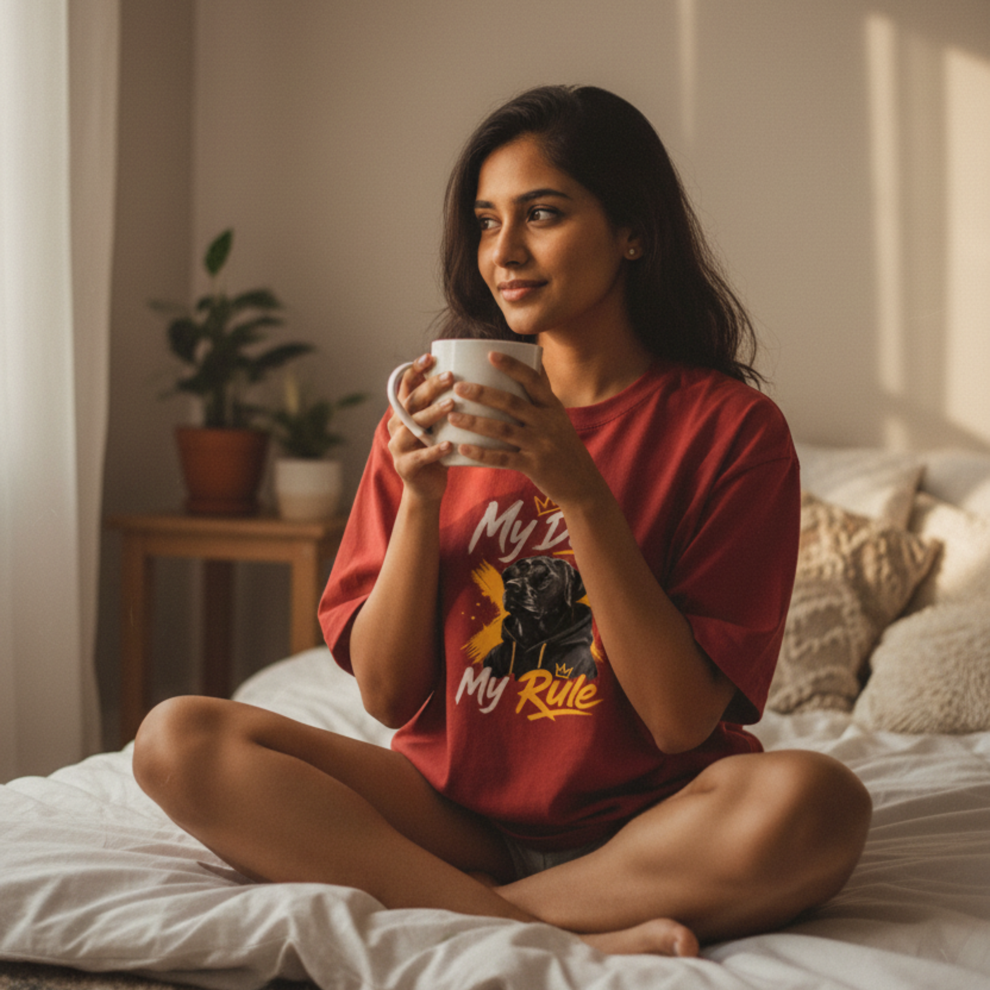 Woman in a red shirt holding a mug on a bed in a cozy room.
