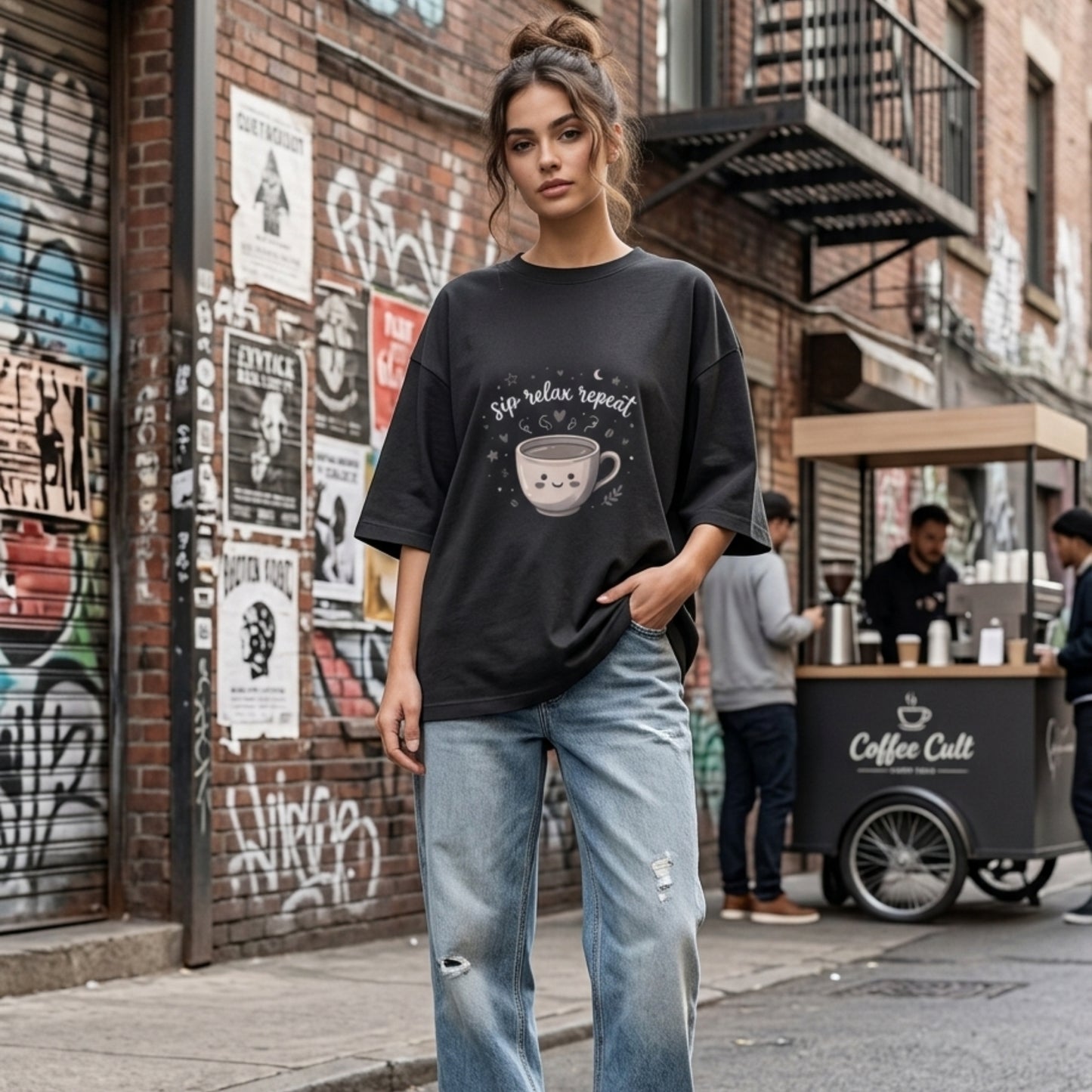 Sip Relax Repeat Oversized T-Shirt for Coffee Lover | Cute Coffee Graphic Tee | Unisex 100% Cotton 180 GSM Casual Streetwear