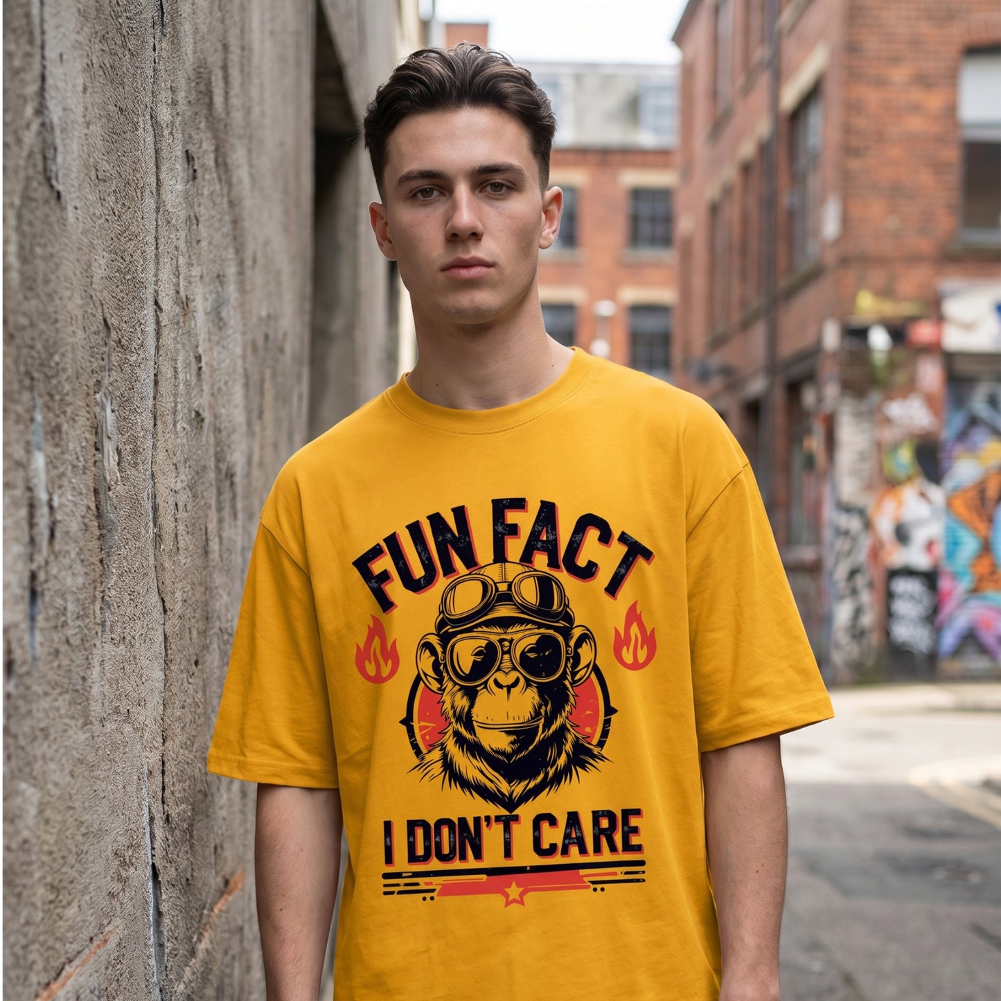 'I Don’t Care' Slogan Tees | Edgy Unisex Oversized 'Fun Fact' Graphic Tee | Monkey with Aviator Goggles & Flames | Unisex Oversized Classic T-Shirt
