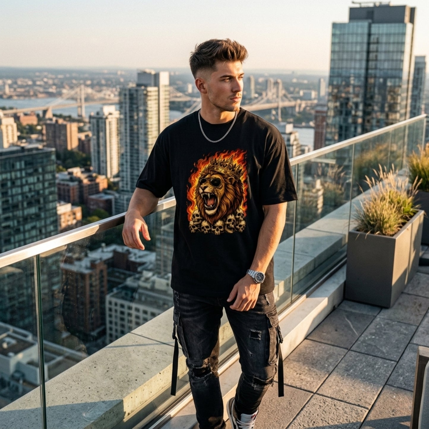 Roaring Lion Graphic T-Shirt | Flaming Skull King Cotton Tee | Streetwear Lion Print Shirt for Men Women
