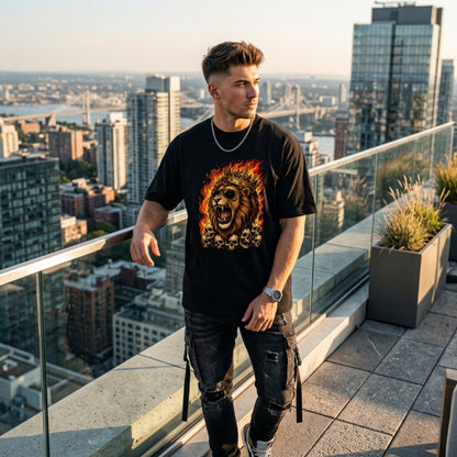 Roaring Lion Graphic T-Shirt | Flaming Skull King Cotton Tee | Streetwear Lion Print Shirt for Men Women