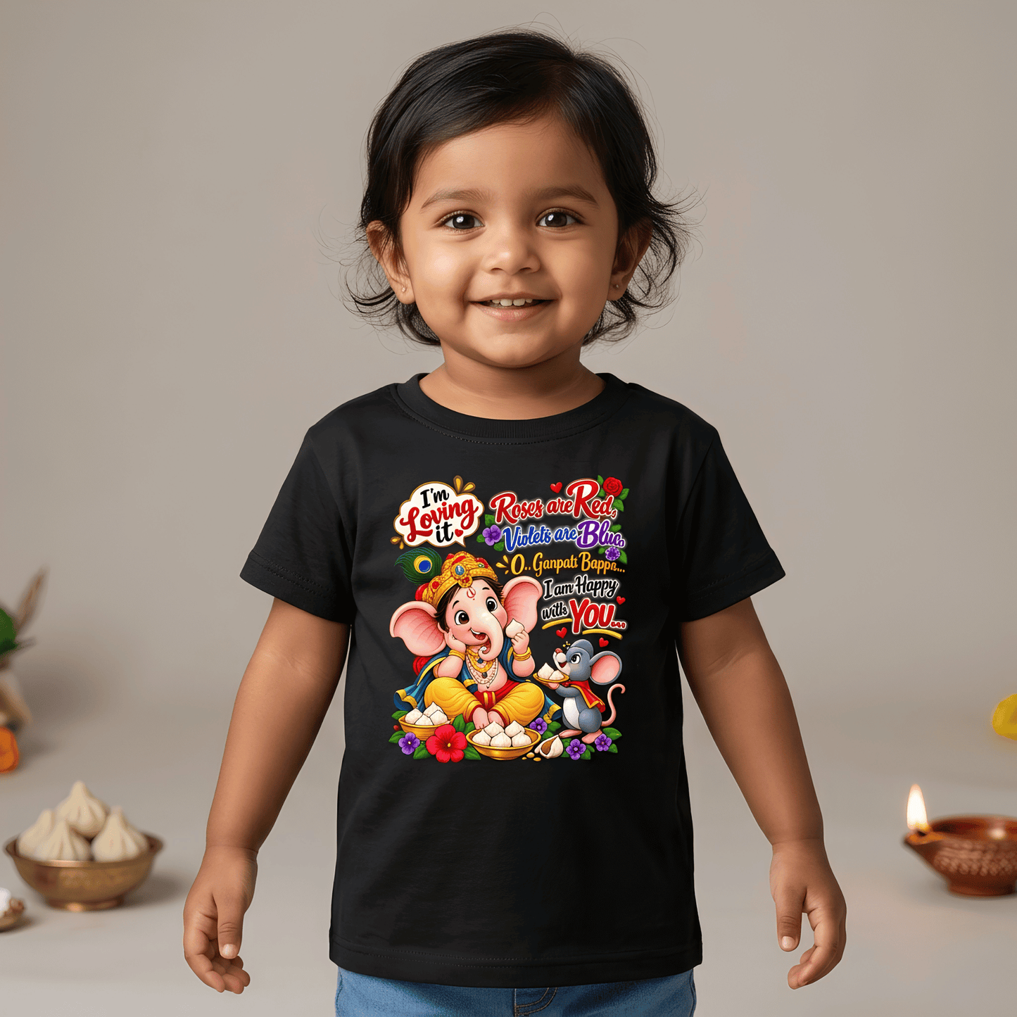 Cute Ganpati Bappa Print Girl's Crew Neck T-Shirt
