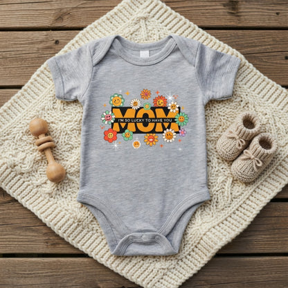 'Cute "Mom"' Floral Baby Romper | Soft Cotton Newborns Graphic tee | Heartwarming "I’m So Lucky to Have You" Design Kids Rompers