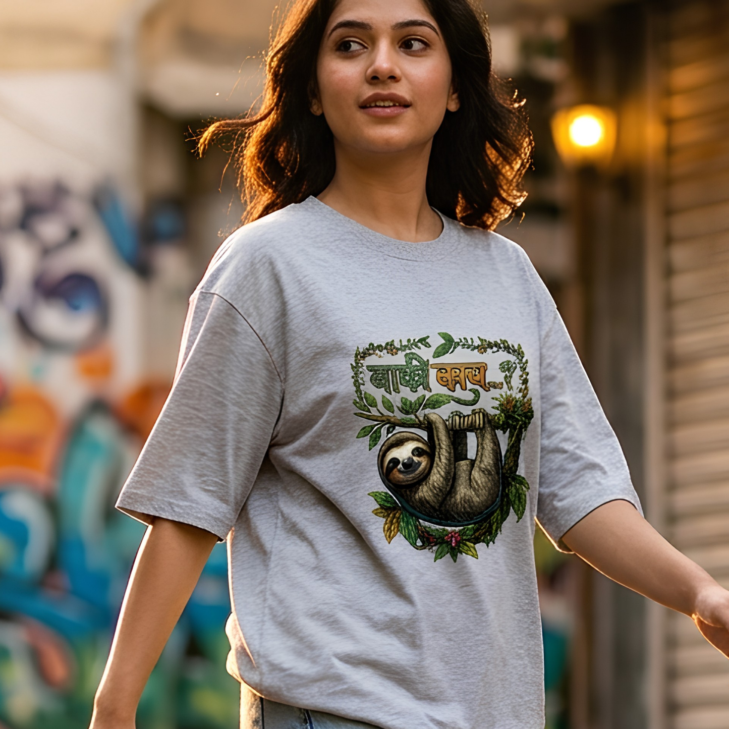 बाकी काय...? Sloth Graphic Oversized T-Shirt | Marathi Funny Tee