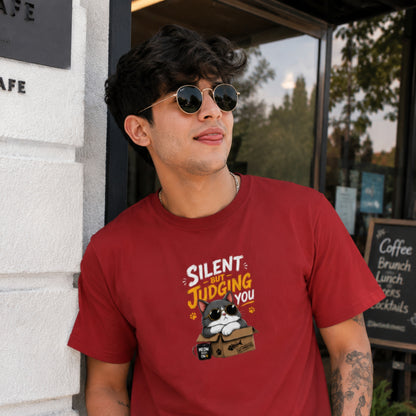 Red unisex stretch t-shirt featuring a cute sunglasses-wearing cat sitting on a box with the text “Silent But Judging You” in bold yellow and white typography, humorous meme-style graphic design on chest.