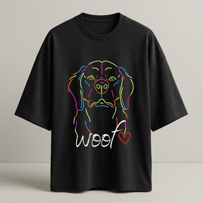 Neon Dog Line Art T-Shirt | "Woof" Dog Lover Streetwear Shirt | Oversized Unisex Terry Tee